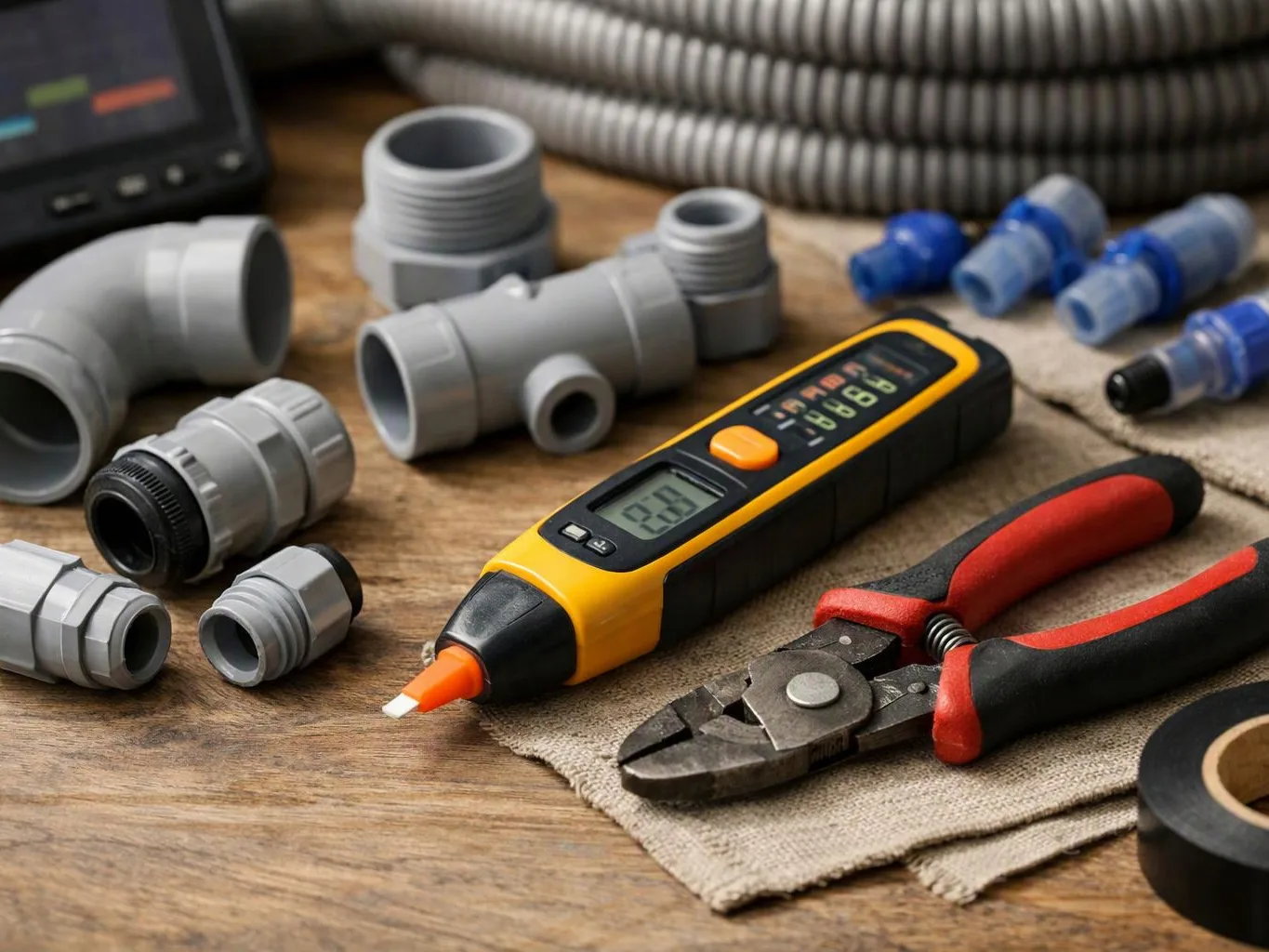 Assorted electrical fittings, a cable tester, and pliers lie on a wooden workbench
