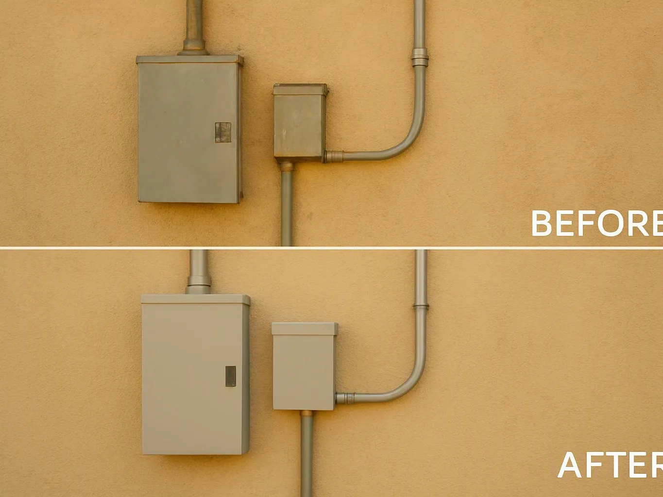 Before and after view of gray electrical boxes and conduit on a tan wall