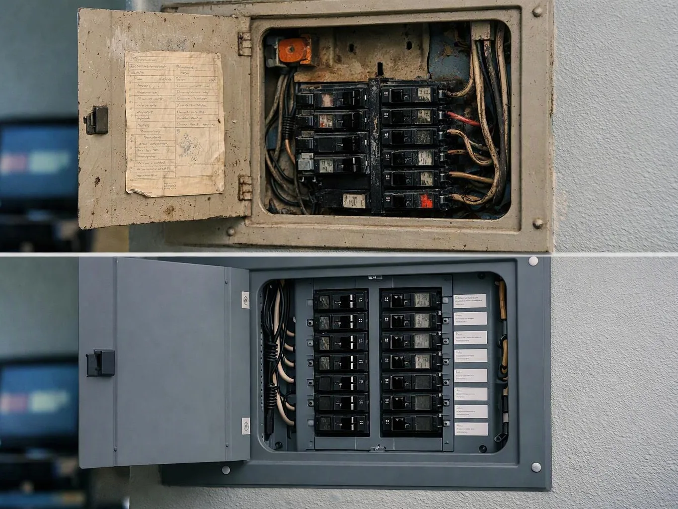A before-and-after view shows an old electrical breaker panel above a newer, neatly wired panel on a wall