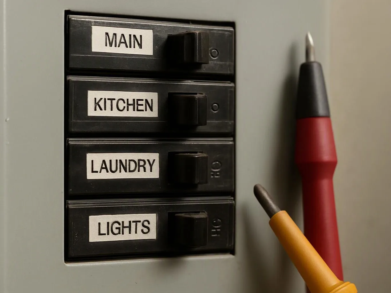A breaker panel shows labeled switches for main, kitchen, laundry, and lights beside two test probes
