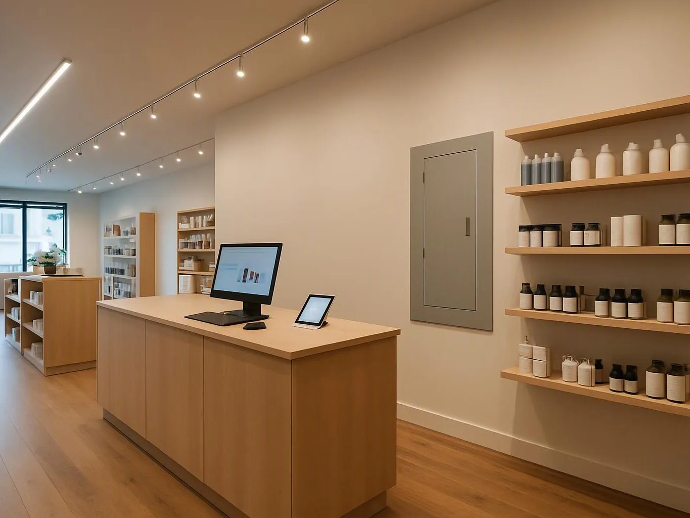 A bright minimalist shop interior shows wooden counters, shelves of bottles, and two screens near a window