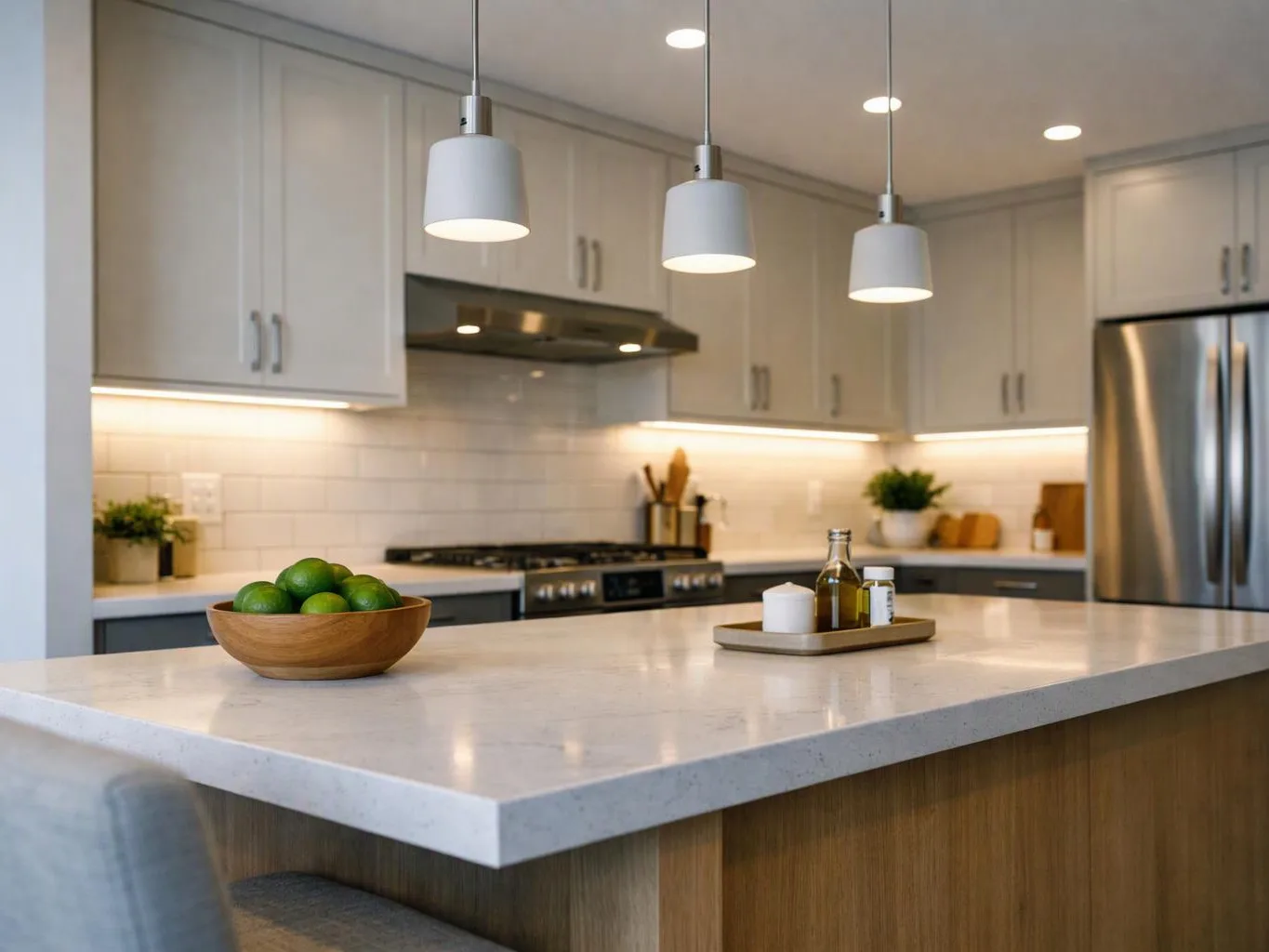 A bright modern kitchen with a large island, pendant lights, a bowl of limes, and stainless steel appliances