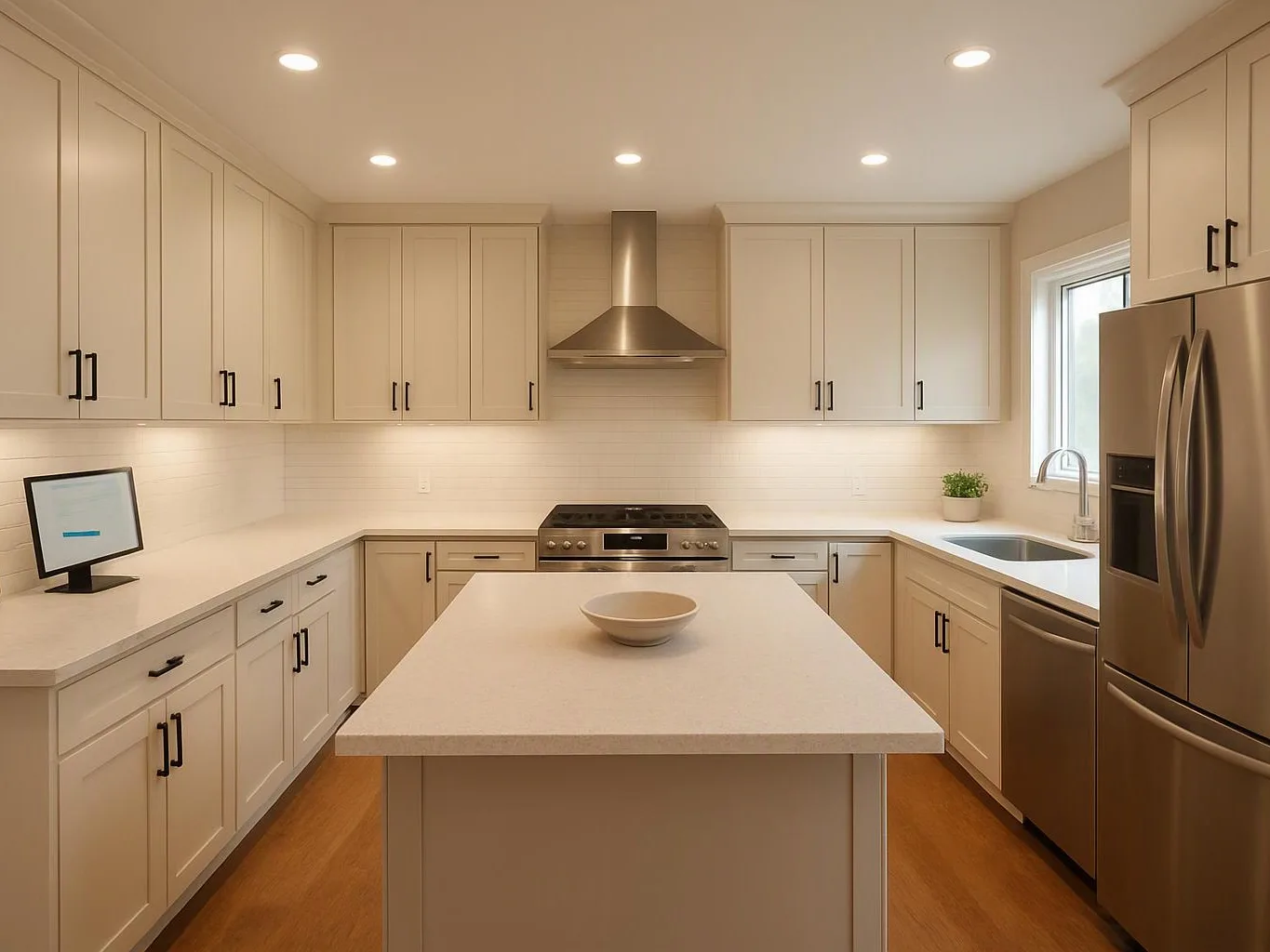 Bright modern kitchen with white cabinets, stainless appliances, and a center island with a bowl