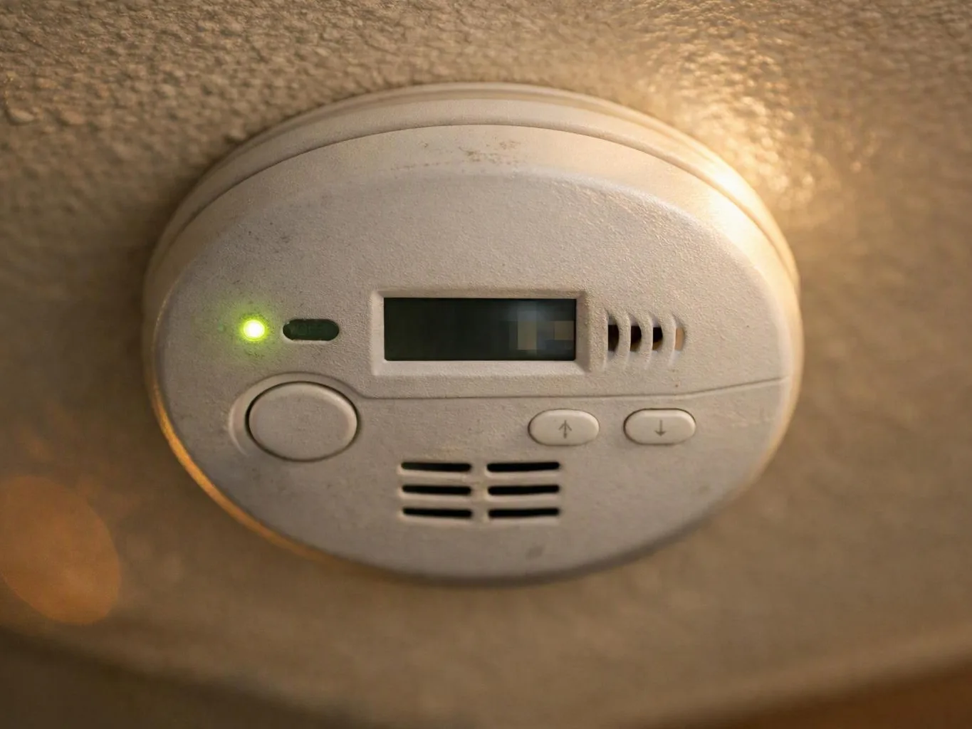 A ceiling-mounted smoke alarm glows green on a textured beige surface