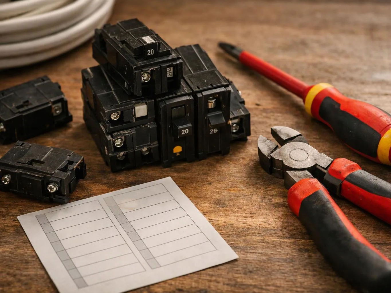 Circuit breakers, pliers, screwdrivers, and a blank checklist sit on a wooden workbench
