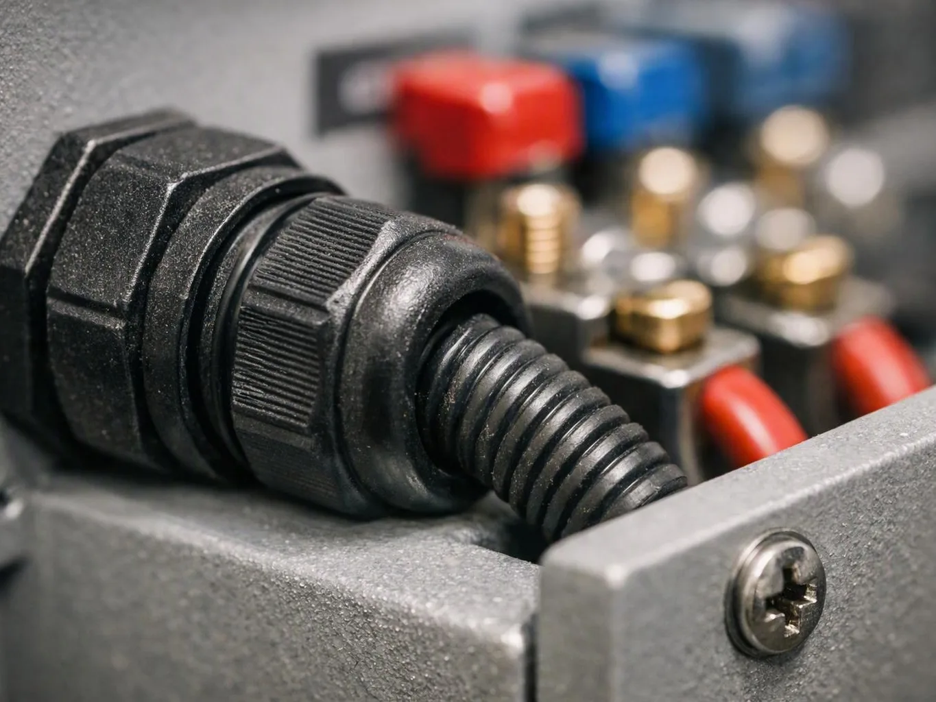 Close-up of a black electrical cable connector beside colored terminals inside a gray metal box