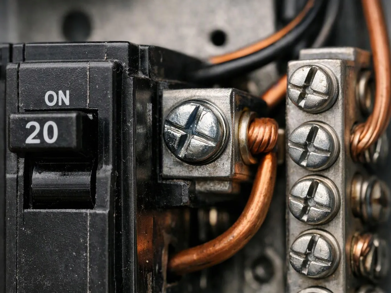 Close-up of a circuit breaker and copper wires connected to metal screw terminals inside an electrical panel