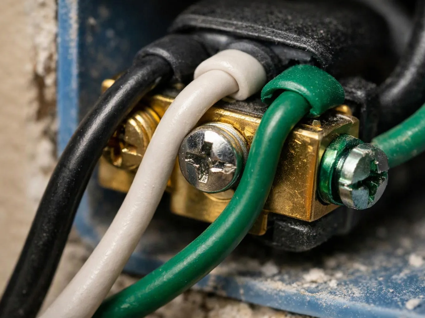 Close-up of colored electrical wires fastened to a brass terminal block with screws