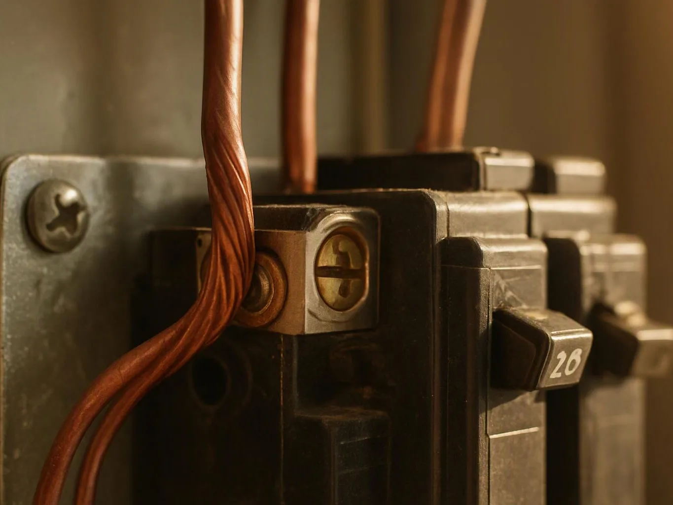 Close-up of copper wires connected to a black electrical breaker panel with a labeled switch set to 26