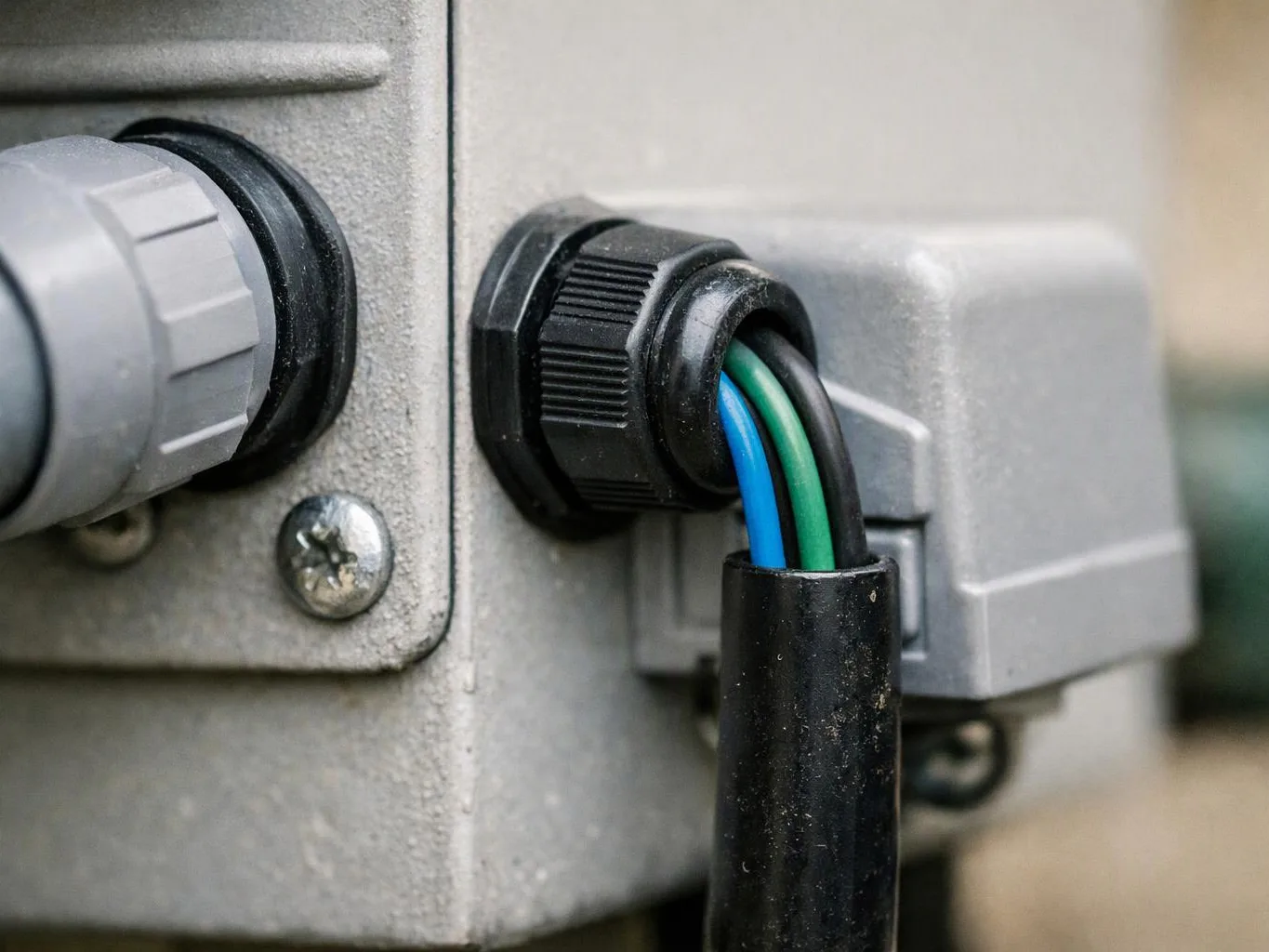 Close-up of electrical cables plugged into a gray metal box with black cable glands