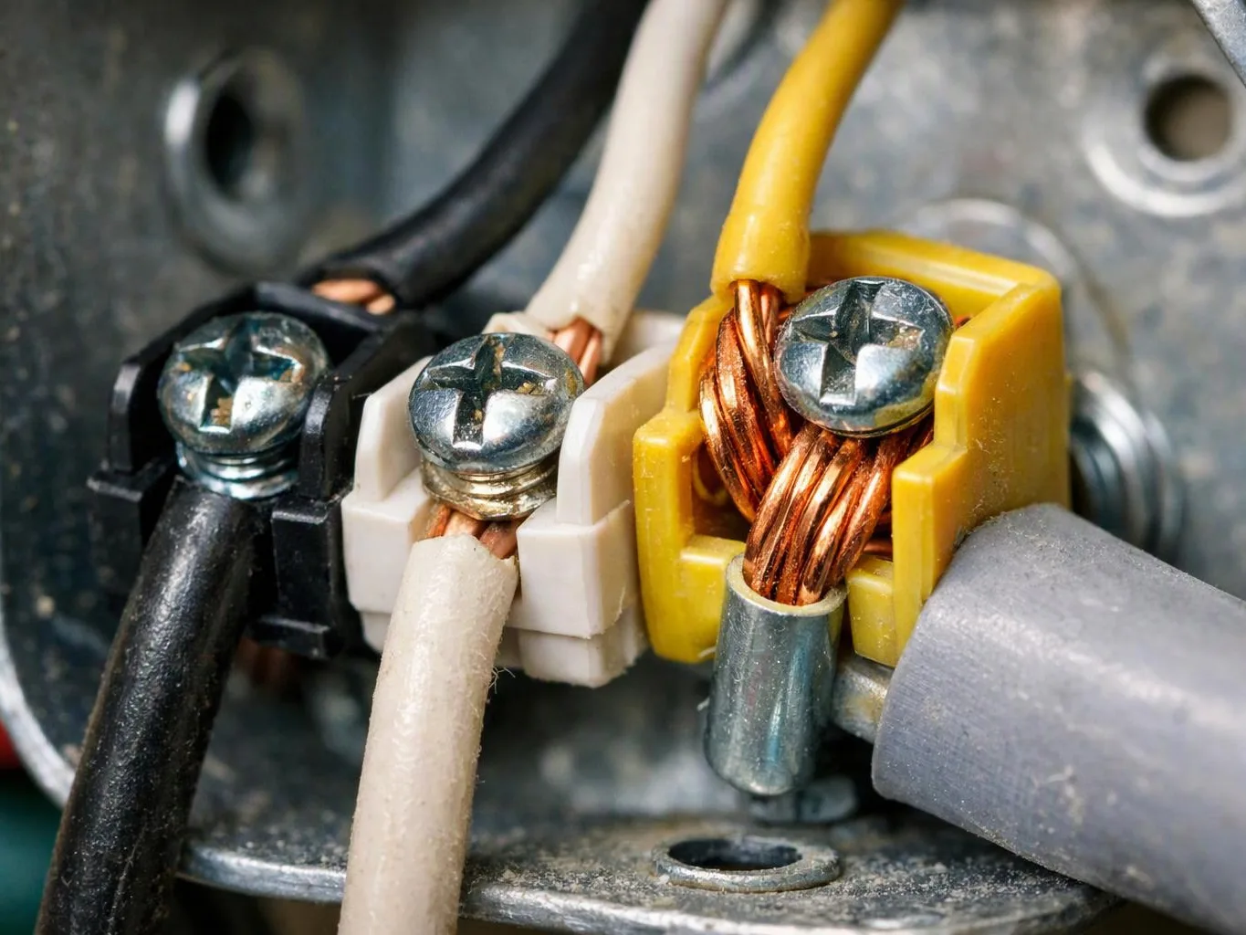 Close-up of electrical wires clamped by color-coded screw terminals inside a metal box