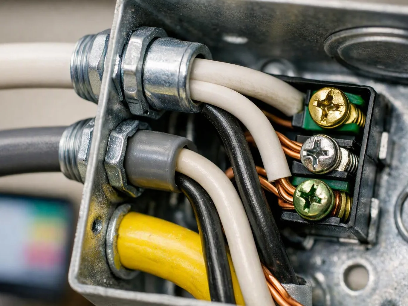 Close-up of electrical wires entering a metal junction box with color-coded screw terminals and connectors
