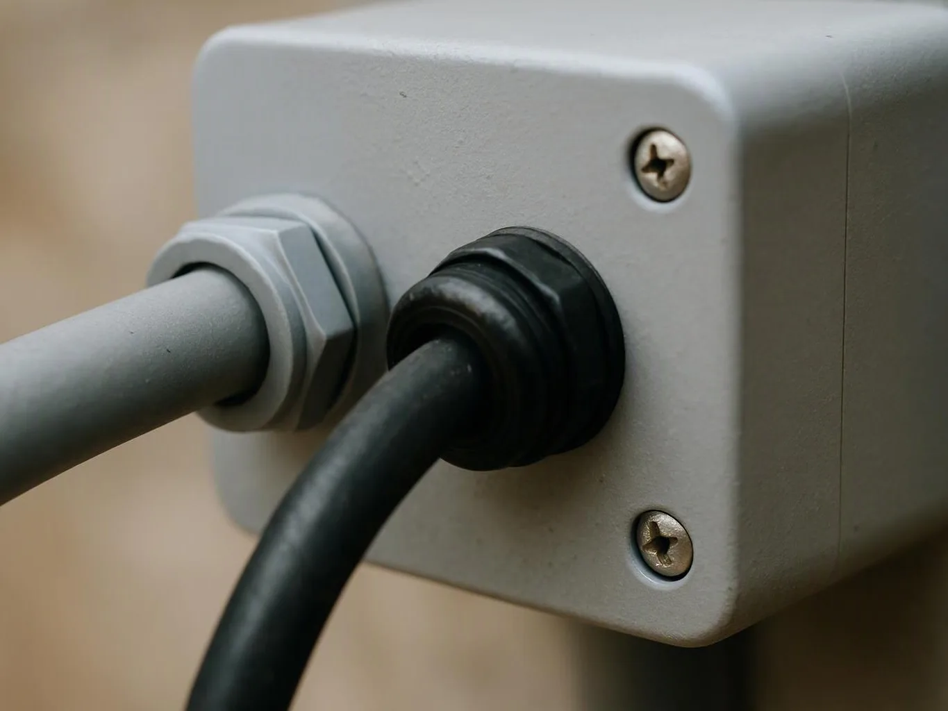 Close-up of a gray electrical box with two cables plugged into its side panel