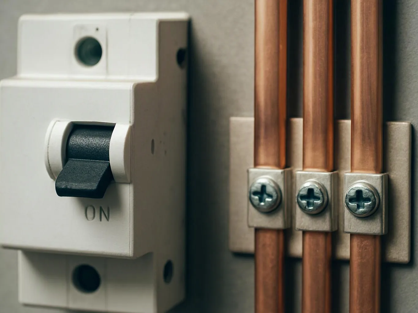 A close-up shows a white circuit breaker beside three copper wires clamped to a metal panel