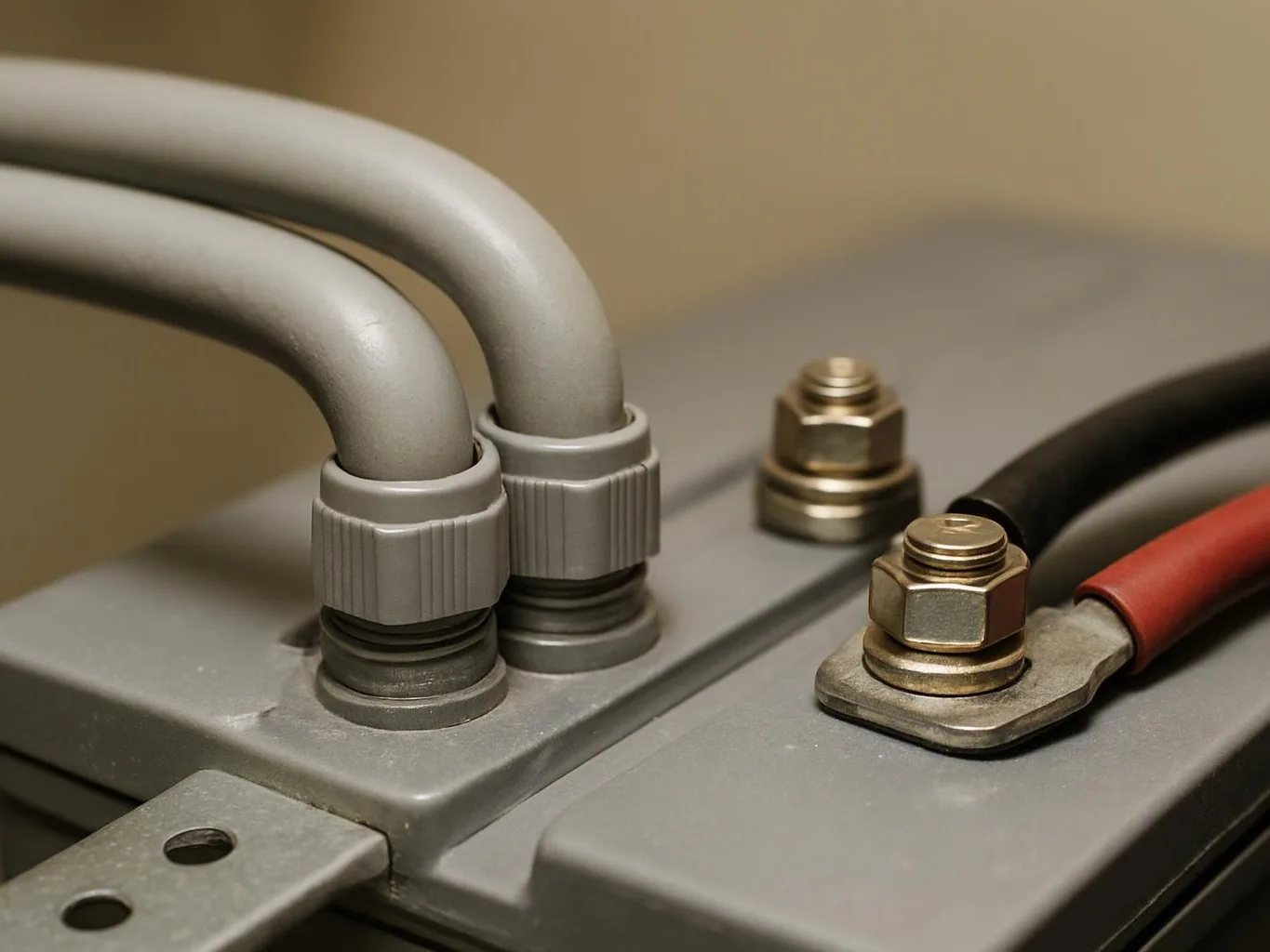 Close-up of thick electrical cables connected to a gray metal battery terminal with brass bolts