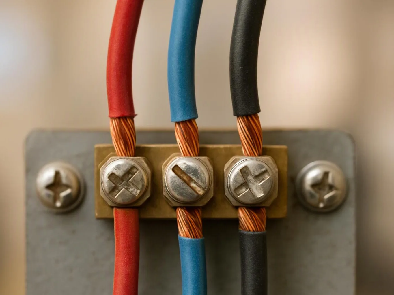 Close-up of three colored electrical wires clamped under screws on a metal terminal block