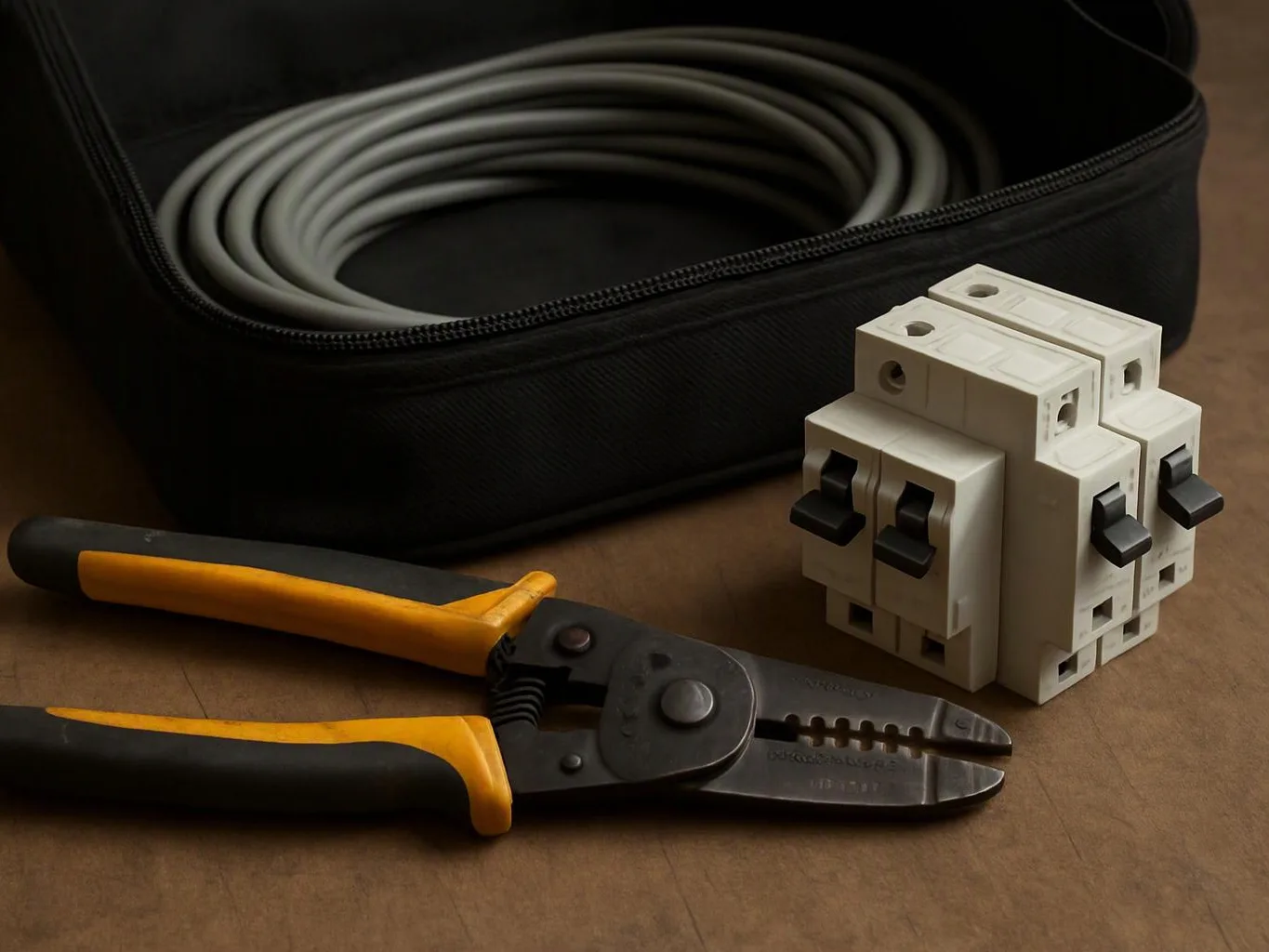 A coiled cable, a pair of wire strippers, and white electrical connectors sit on a wooden surface