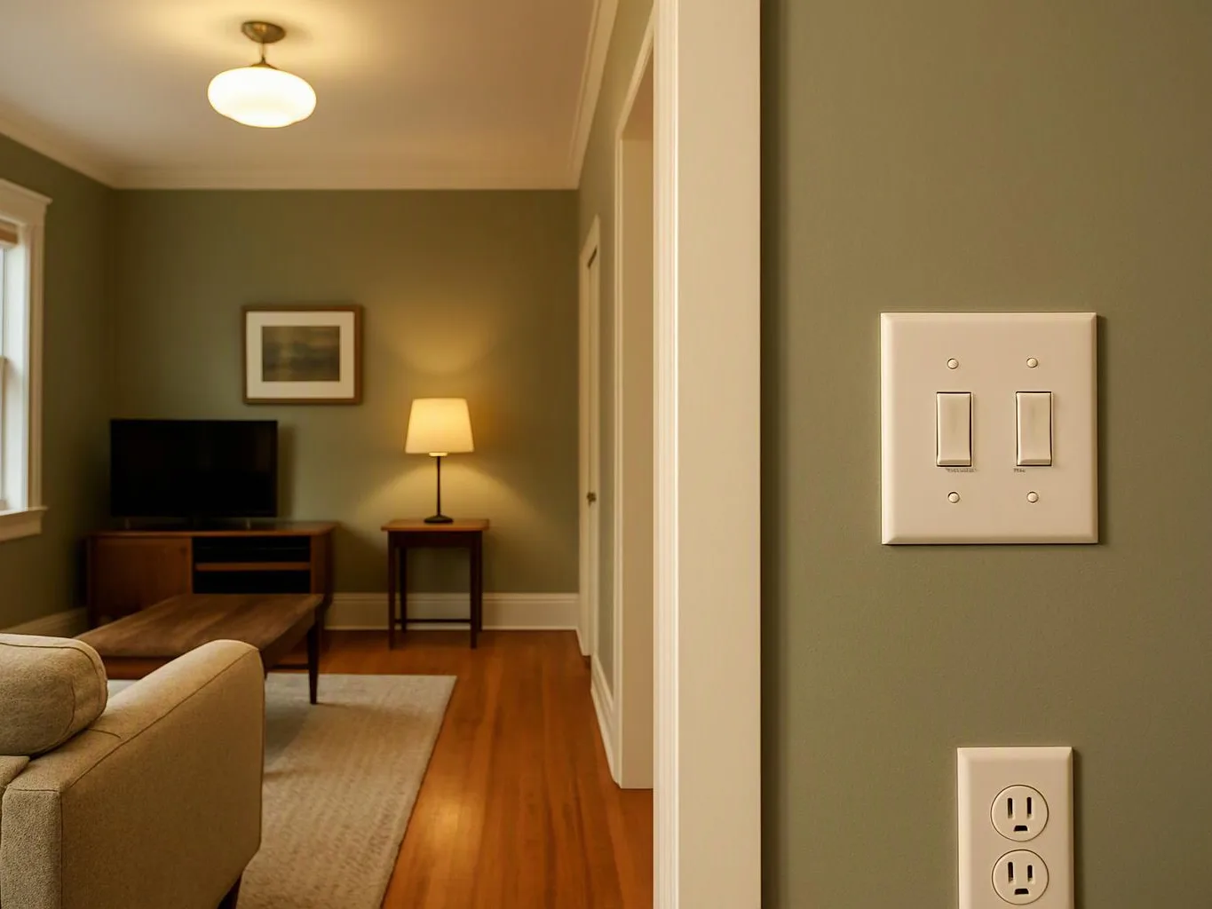 A cozy living room with a lamp, TV, sofa, and visible light switches on the wall