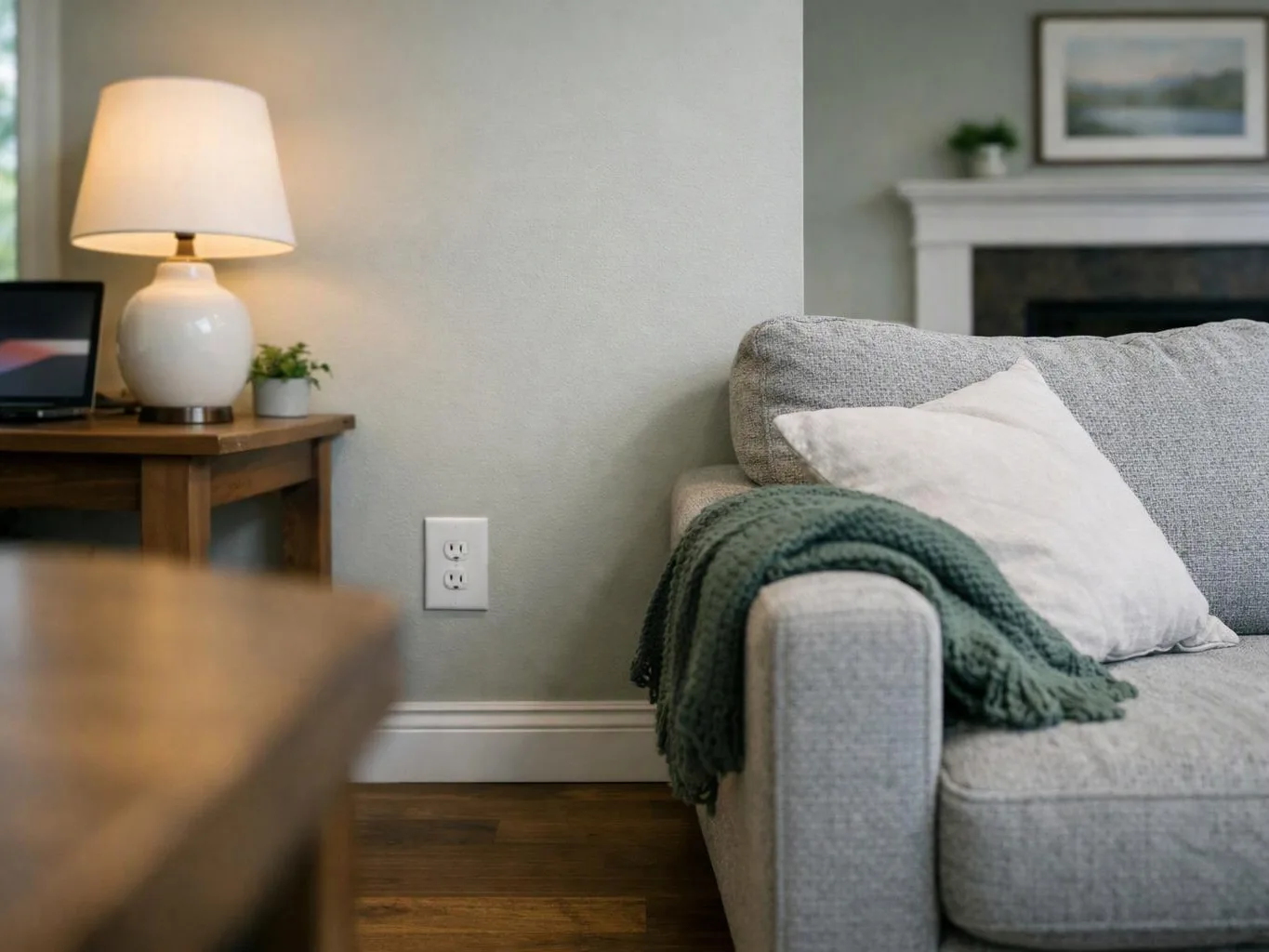 A cozy living room shows a gray sofa with pillows, a lamp on a side table, and a fireplace in back