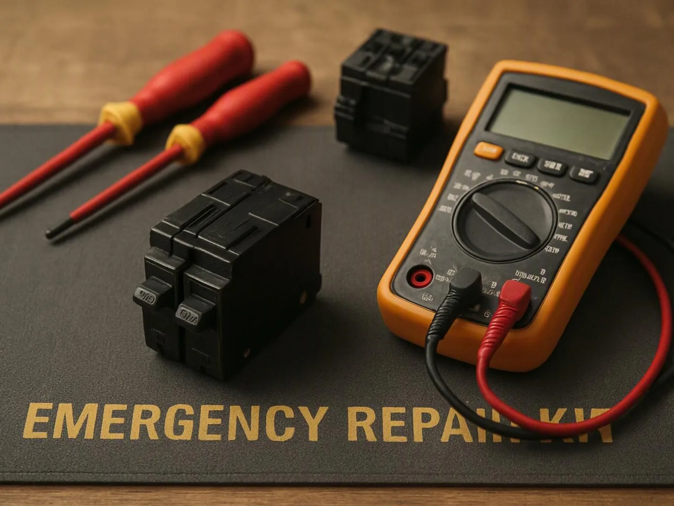 A digital multimeter, two screwdrivers, and two circuit breakers rest on an emergency repair mat