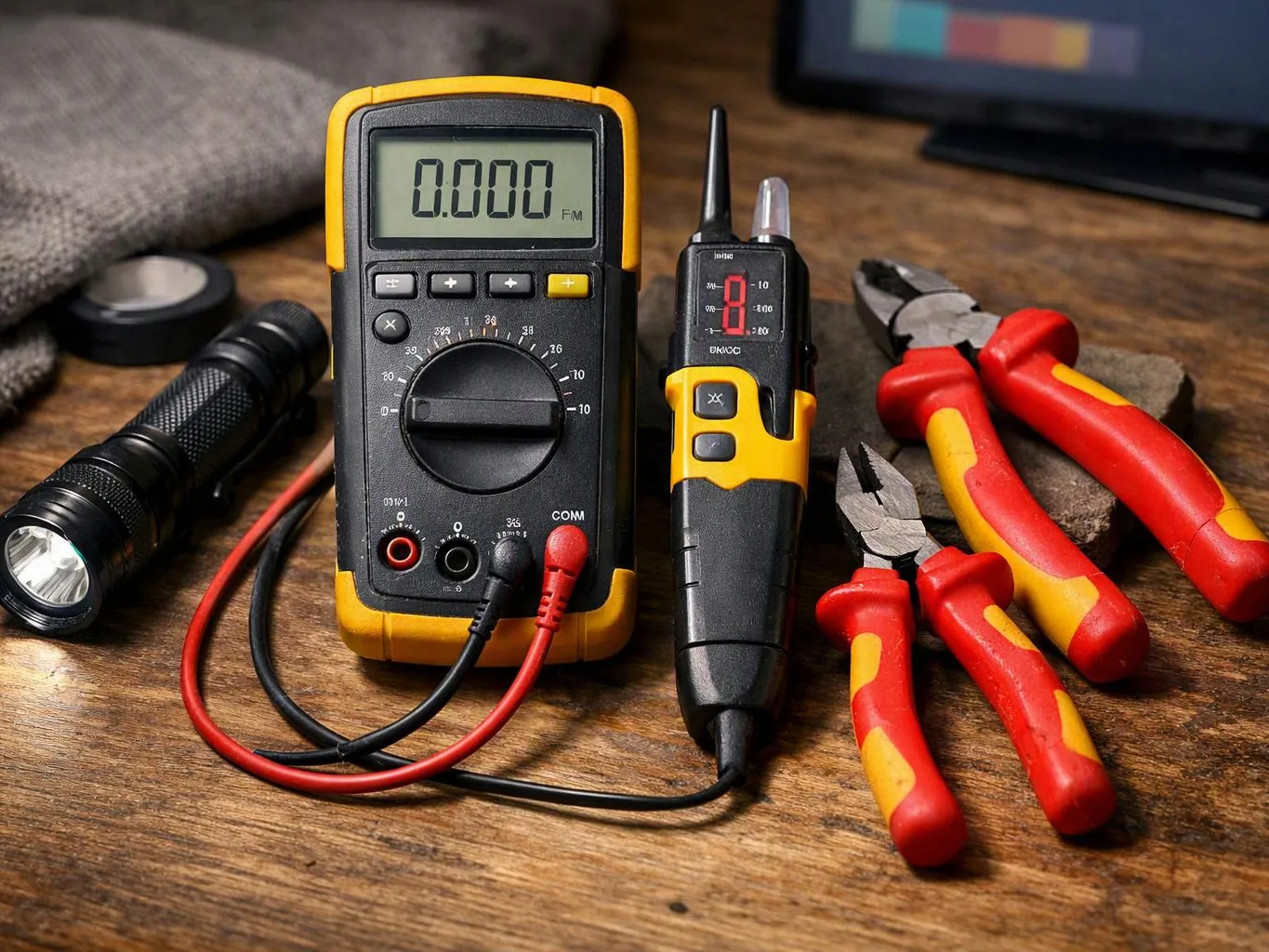 A digital multimeter, voltage tester, flashlights, and insulated pliers sit on a wooden workbench