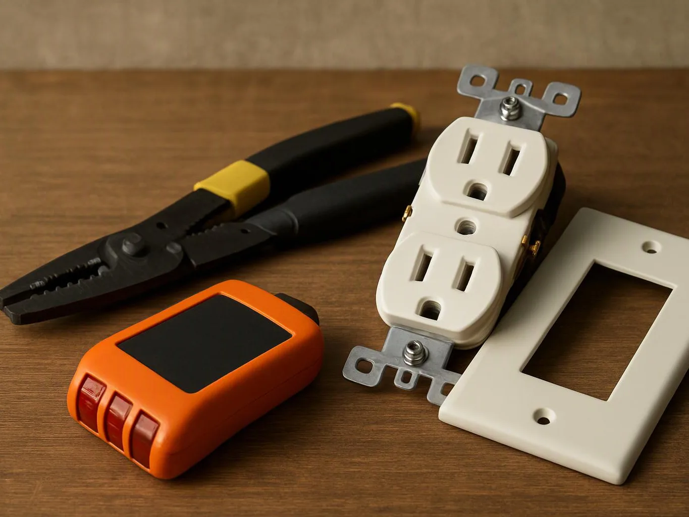 An electrical outlet, switch plate, wire stripper, and orange tester sit on a wooden table