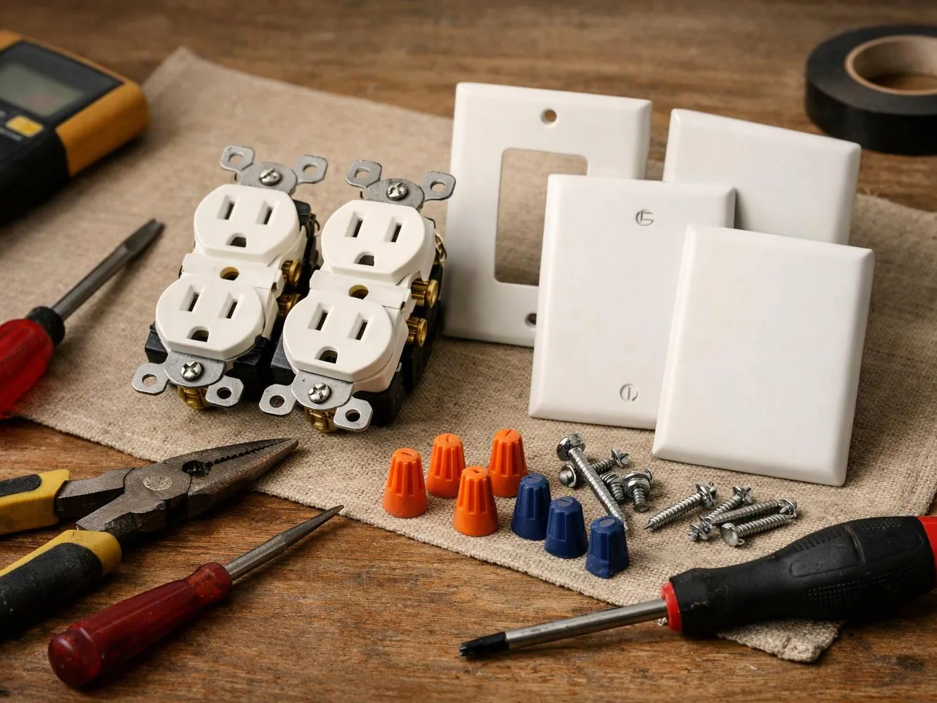 Electrical outlets, wall plates, screws, wire nuts, and screwdrivers are arranged on a wooden work surface