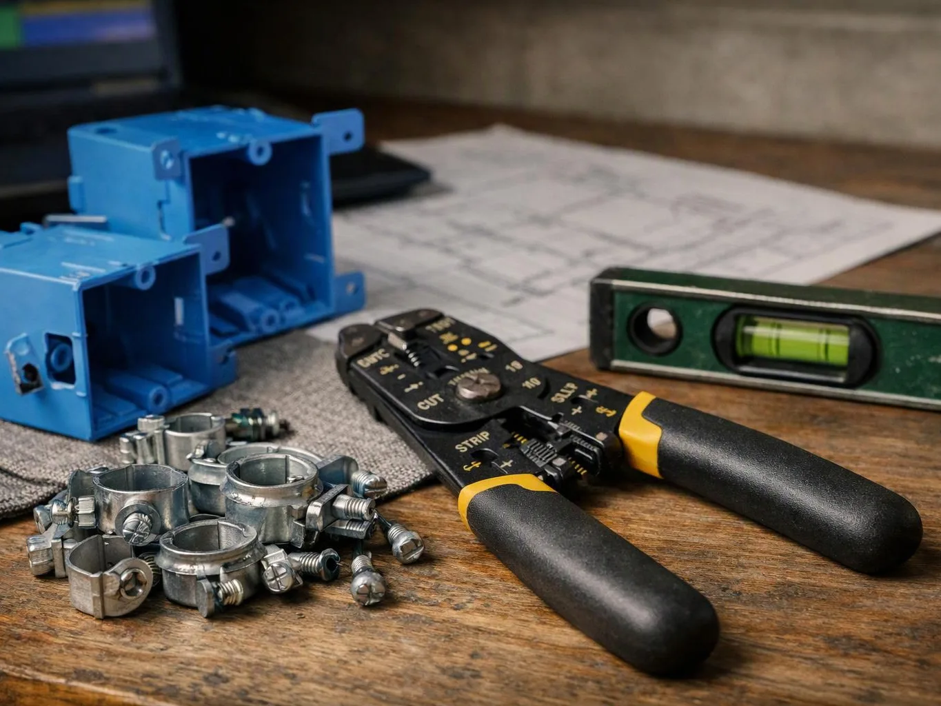 Electrical tools, blue outlet boxes, metal clamps, and a spirit level lie on a wooden workbench with plans behind them