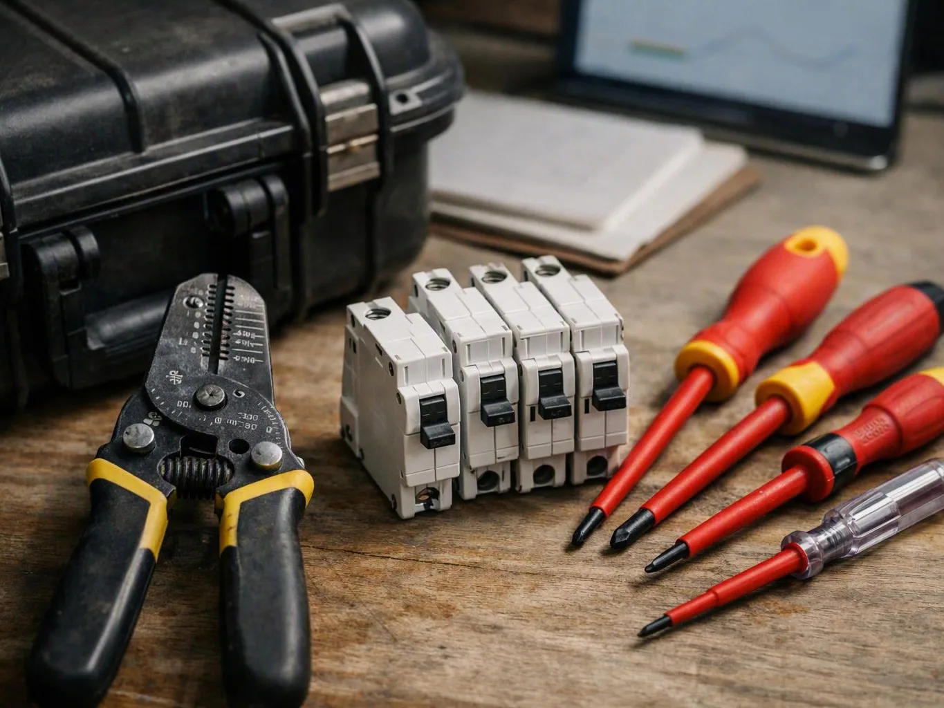 Electrical tools, circuit breakers, and screwdrivers are arranged on a wooden workbench with a black case nearby