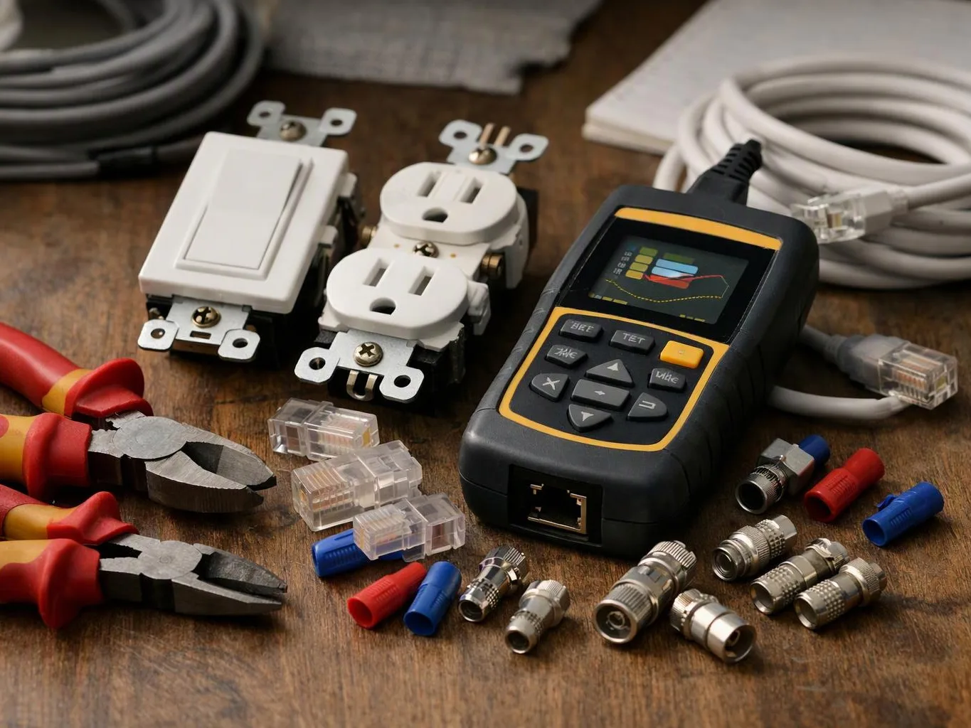 Electrical tools and connectors lie on a wooden table beside switches, cables, plugs, and a handheld tester