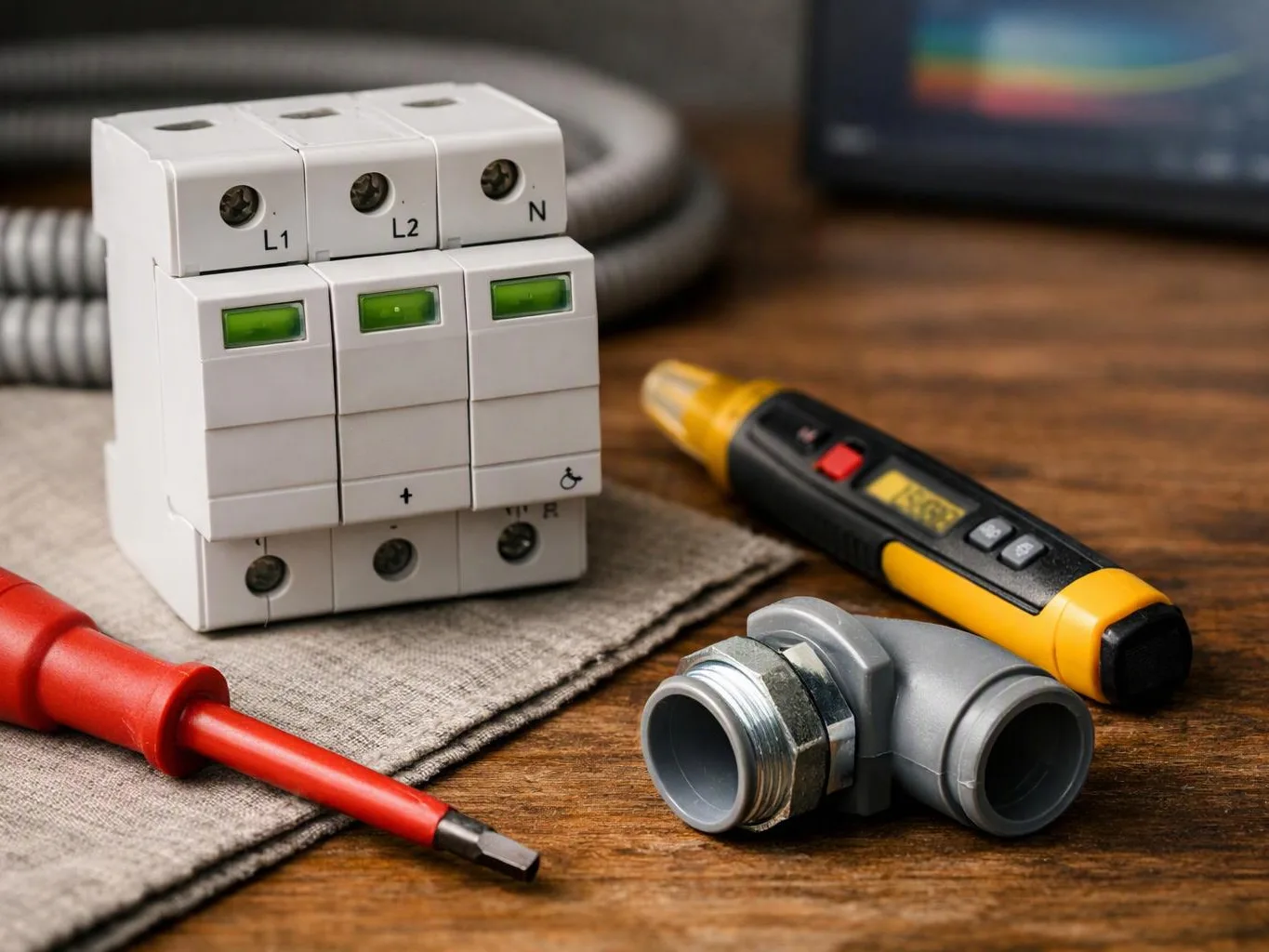 Electrical tools and fittings sit on a wooden table beside a white breaker block with labeled terminals