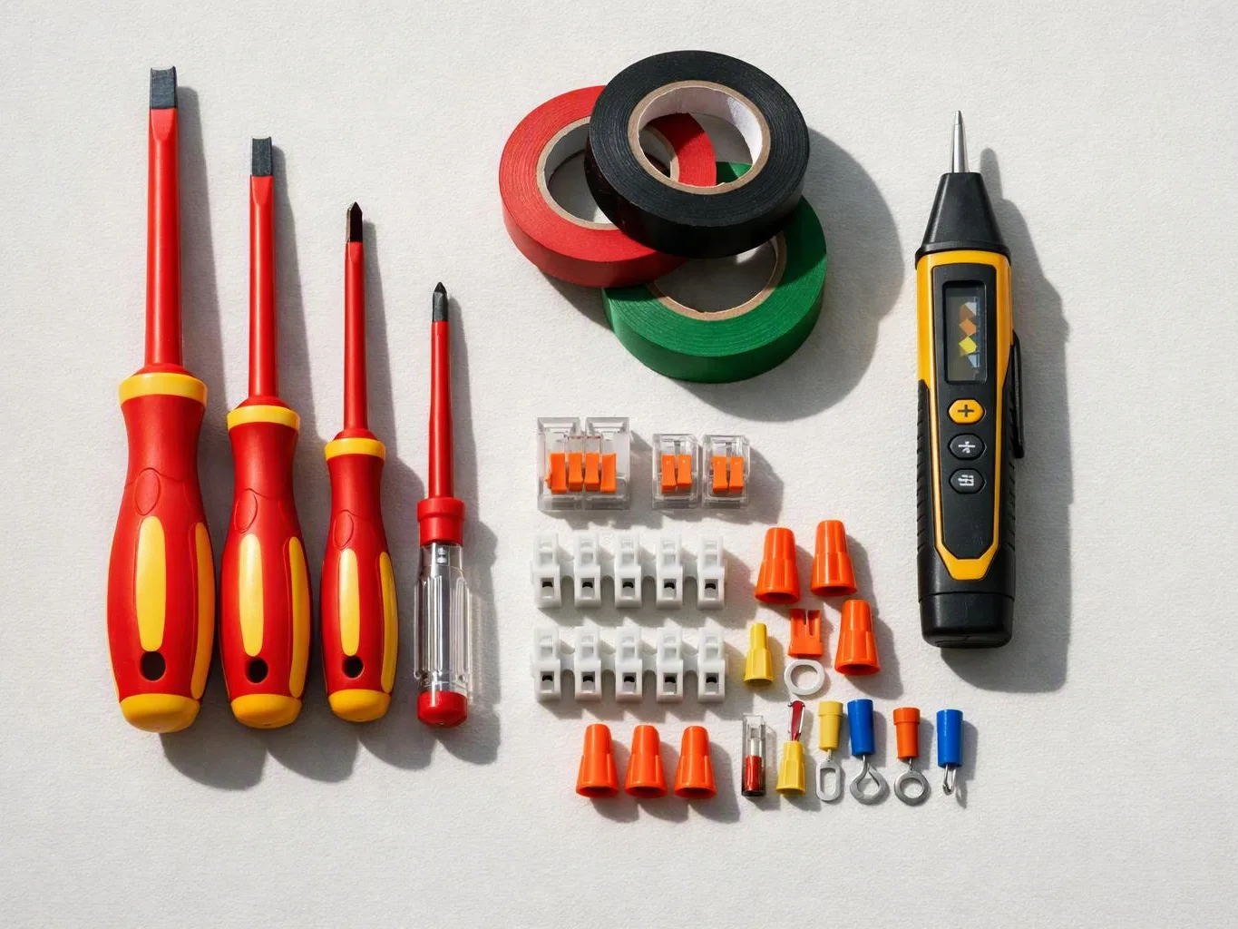 Electricians’ tools and wire connectors are neatly arranged on a white surface with colored tape rolls and a tester pen