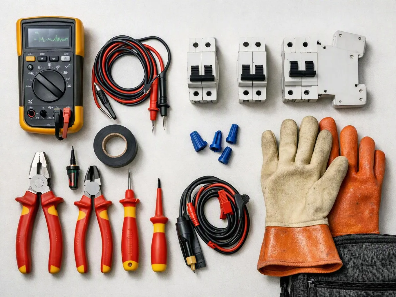 A flat lay of electrical tools, test leads, switches, gloves, and pliers on a white surface
