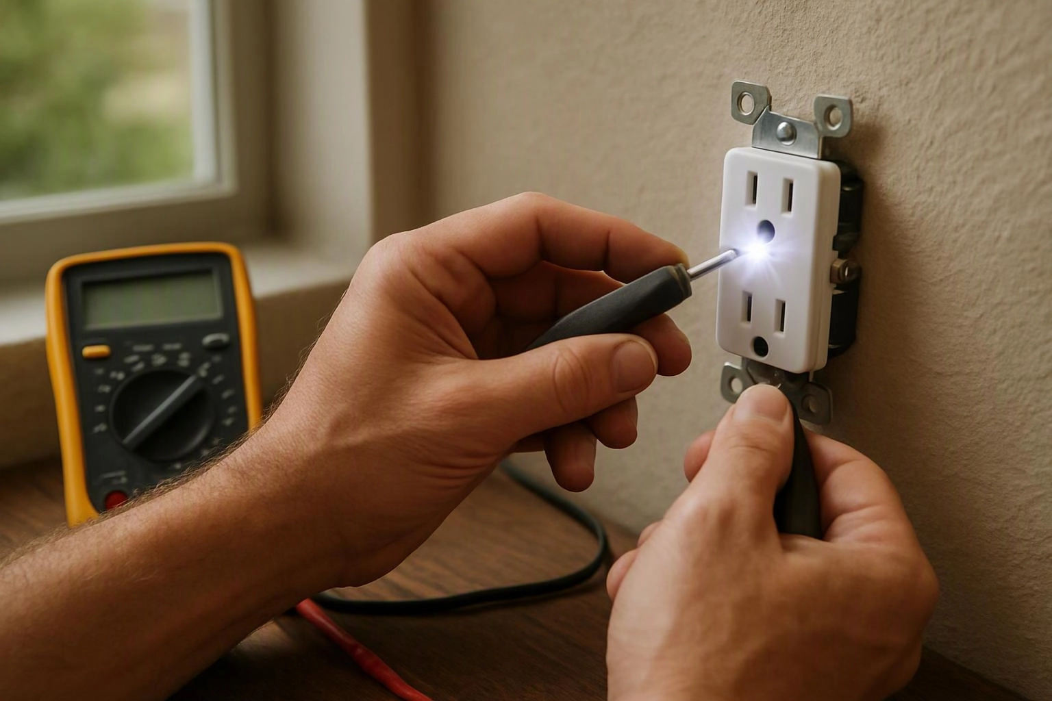 Hands test a wall outlet with a screwdriver and multimeter beside a window and table