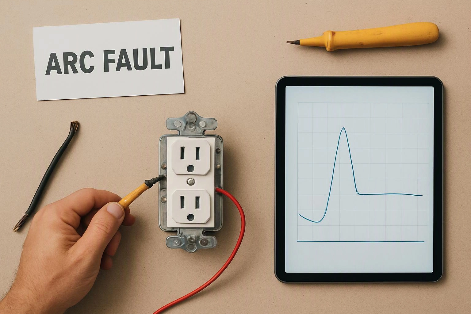 A hand probes a wall outlet with a test lead beside a tablet graph and an “ARC FAULT” label