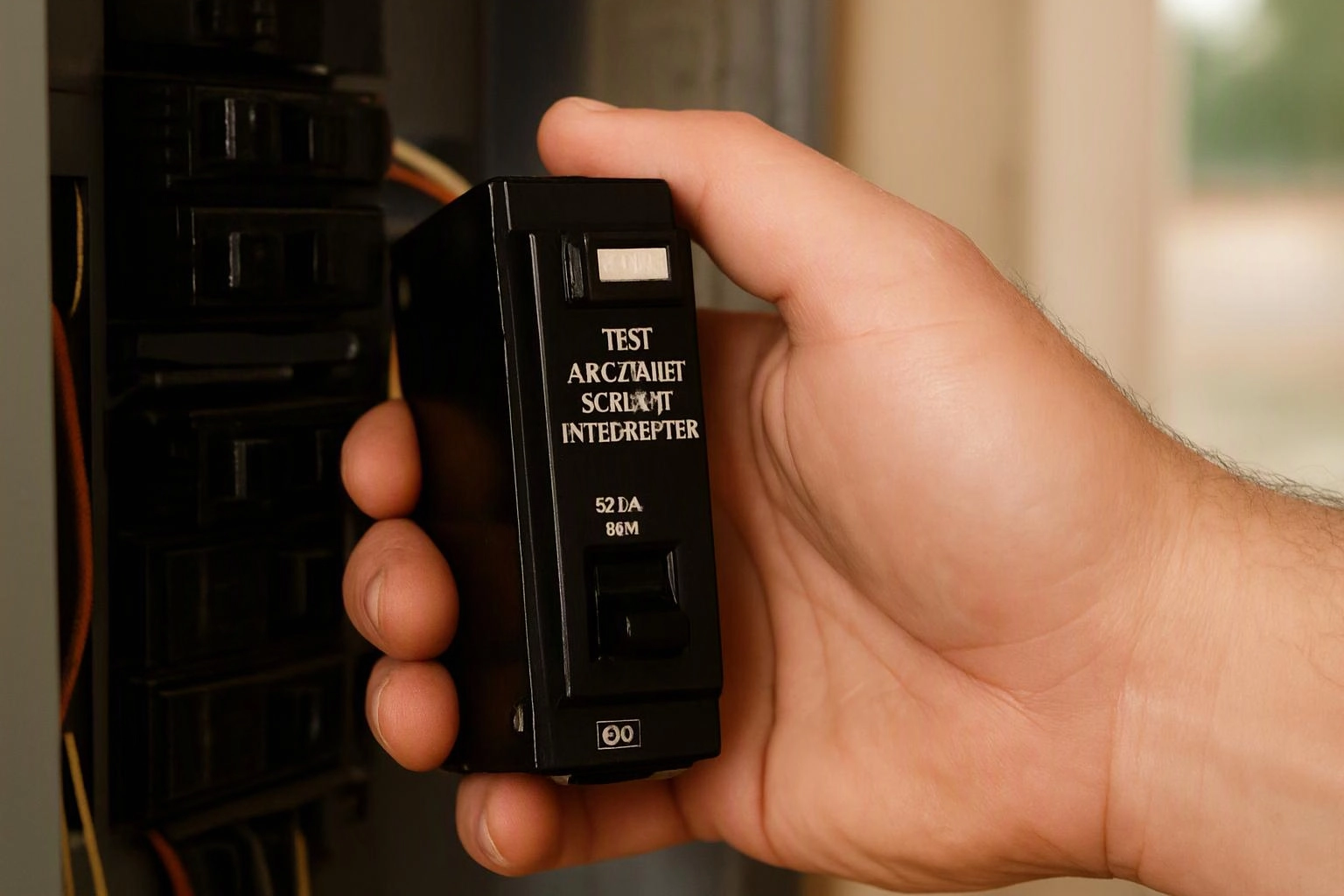 A hand holds a black electrical circuit breaker next to a panel with wires and switches