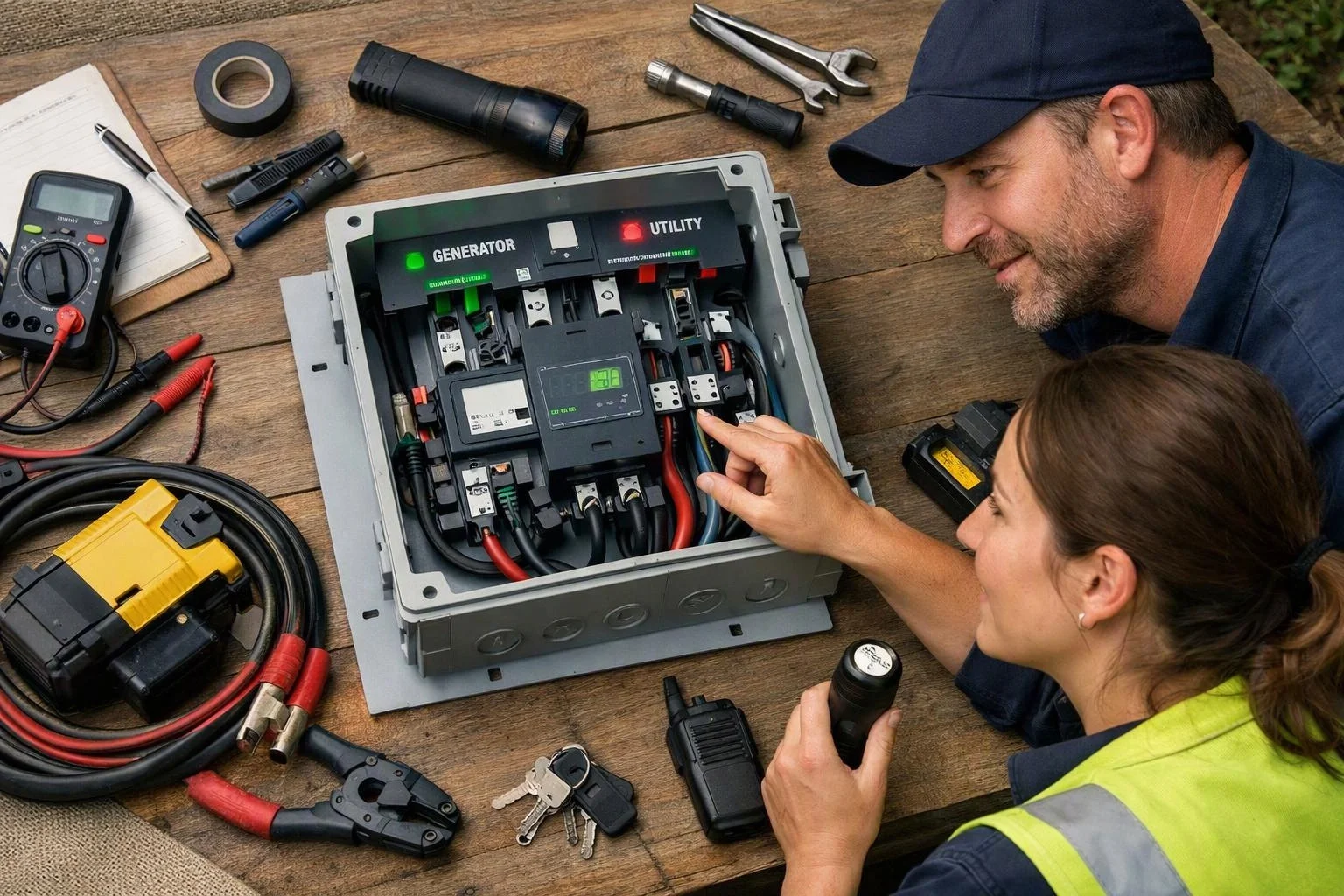 Two workers inspect an electrical control box on a wooden table surrounded by tools and cables