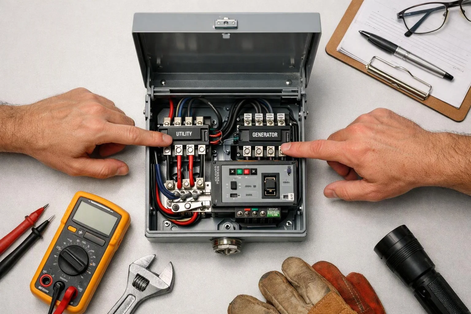 Two hands point to labeled utility and generator terminals inside an open electrical control box on a workbench