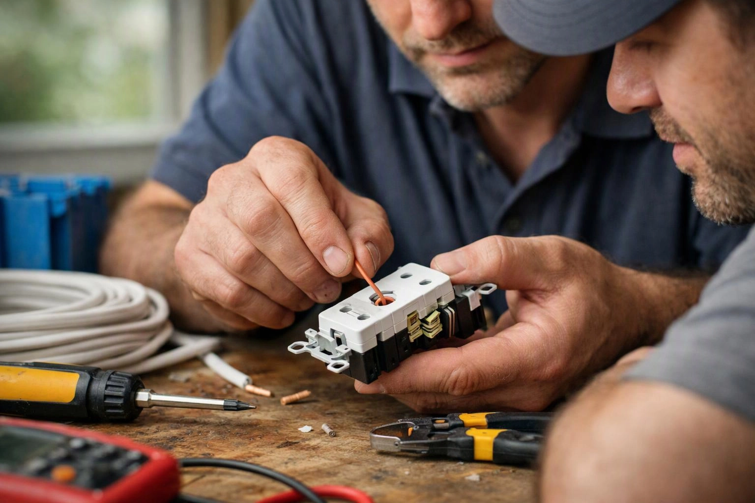 Two men inspect an electrical outlet on a workbench, with wire, tools, and coiled cable around them