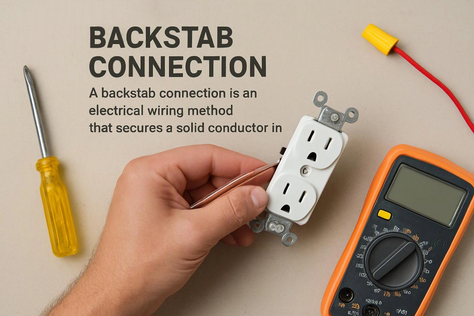 A hand wires a white electrical outlet on a beige surface beside a screwdriver, tester, and multimeter