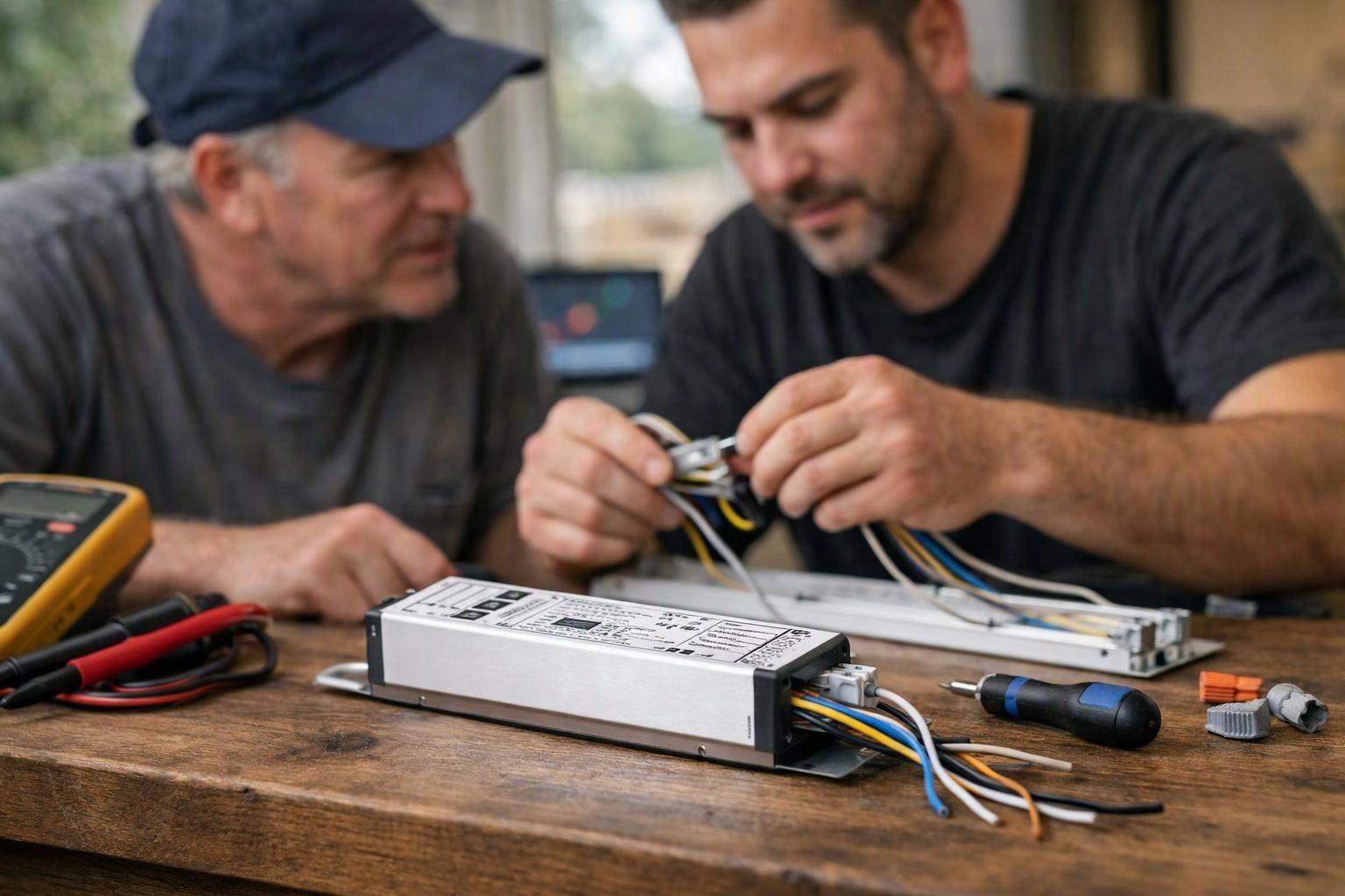 Two men work together wiring an electrical device on a wooden table indoors
