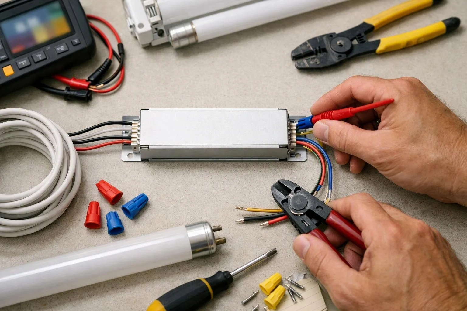 Hands wire a silver electrical driver beside tubes, cables, cutters, and a screwdriver on a workbench