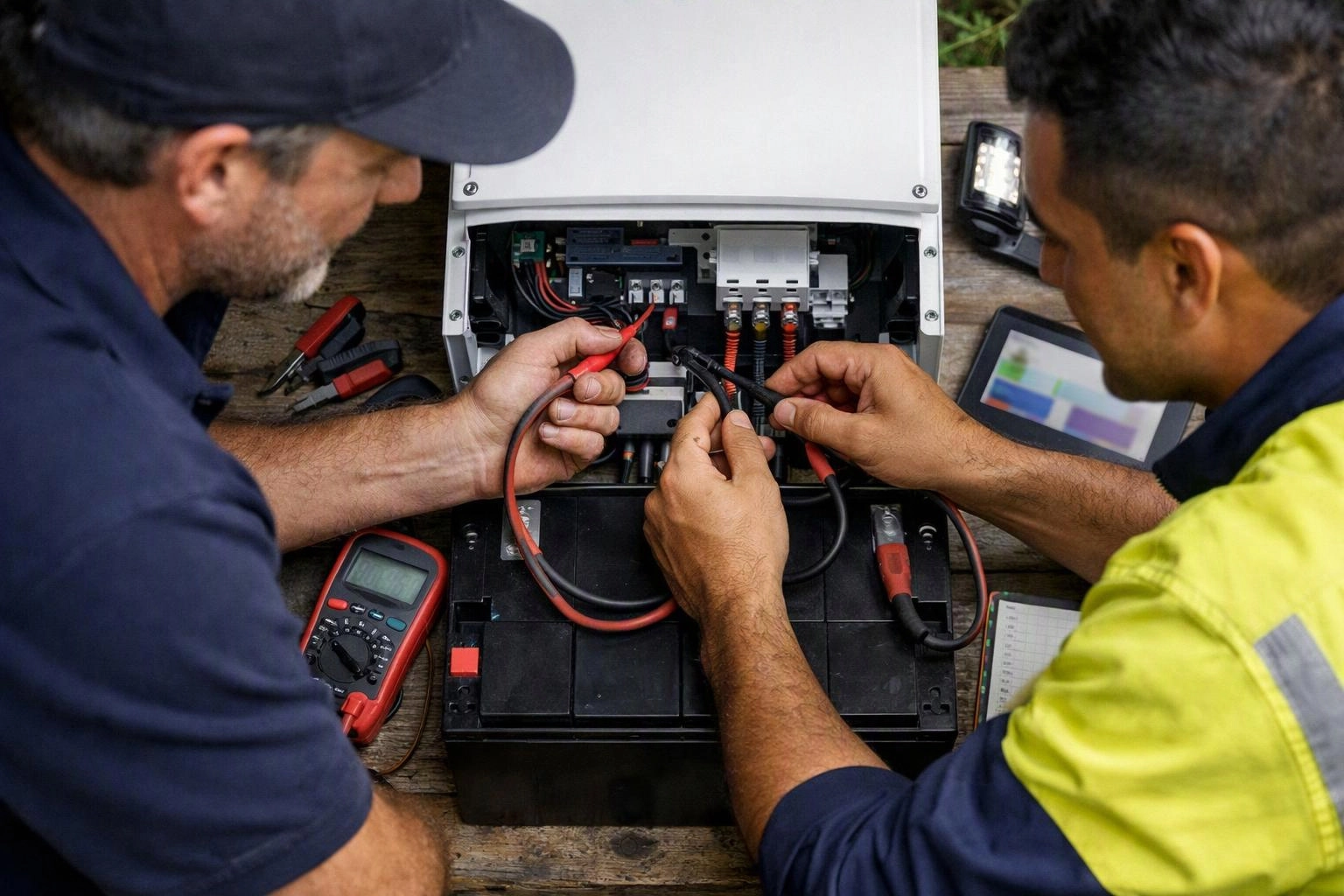 Two workers connect test leads to an open electrical unit on a wooden workbench