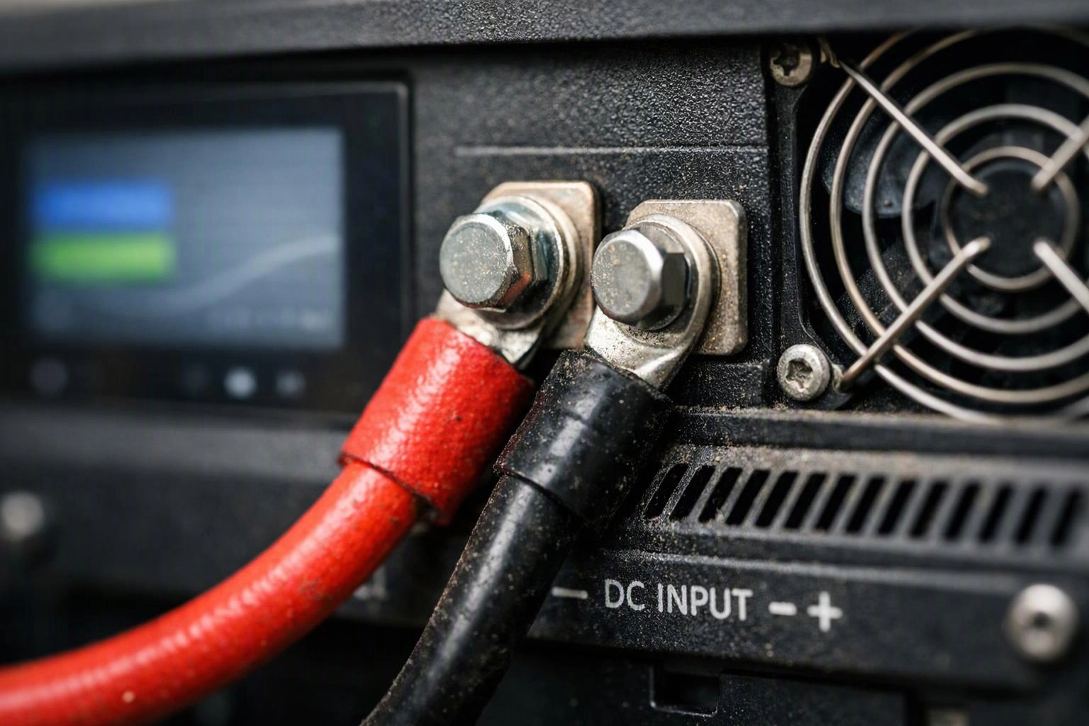 Close-up of a power device panel with red and black cables attached beside a cooling fan and display