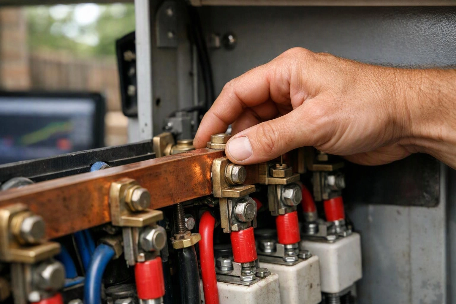 A hand tightens a copper electrical bus bar inside a gray metal control panel