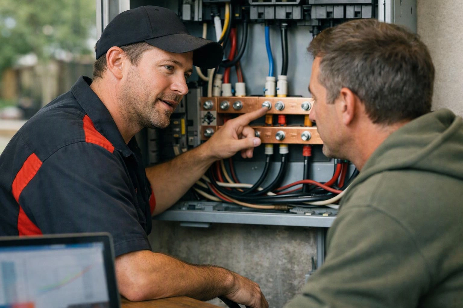 Two men inspect an open electrical panel, with one pointing at wiring and copper bus bars inside