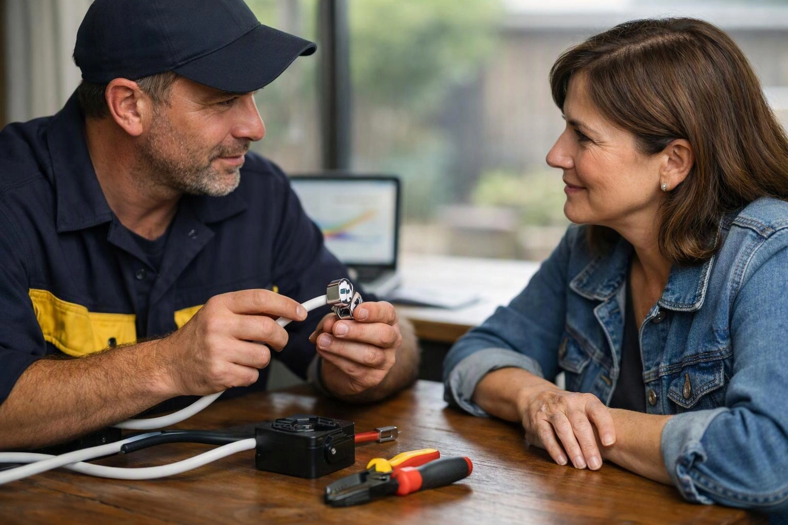 A man in a cap shows a cable fitting to a woman across a wooden table with tools nearby