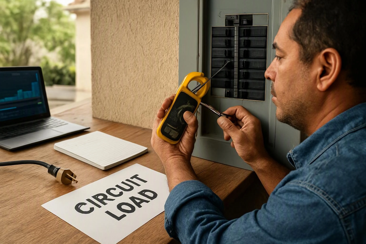 A man inspects an electrical breaker panel with a meter, while a laptop and a paper labeled “CIRCUIT LOAD” sit nearby