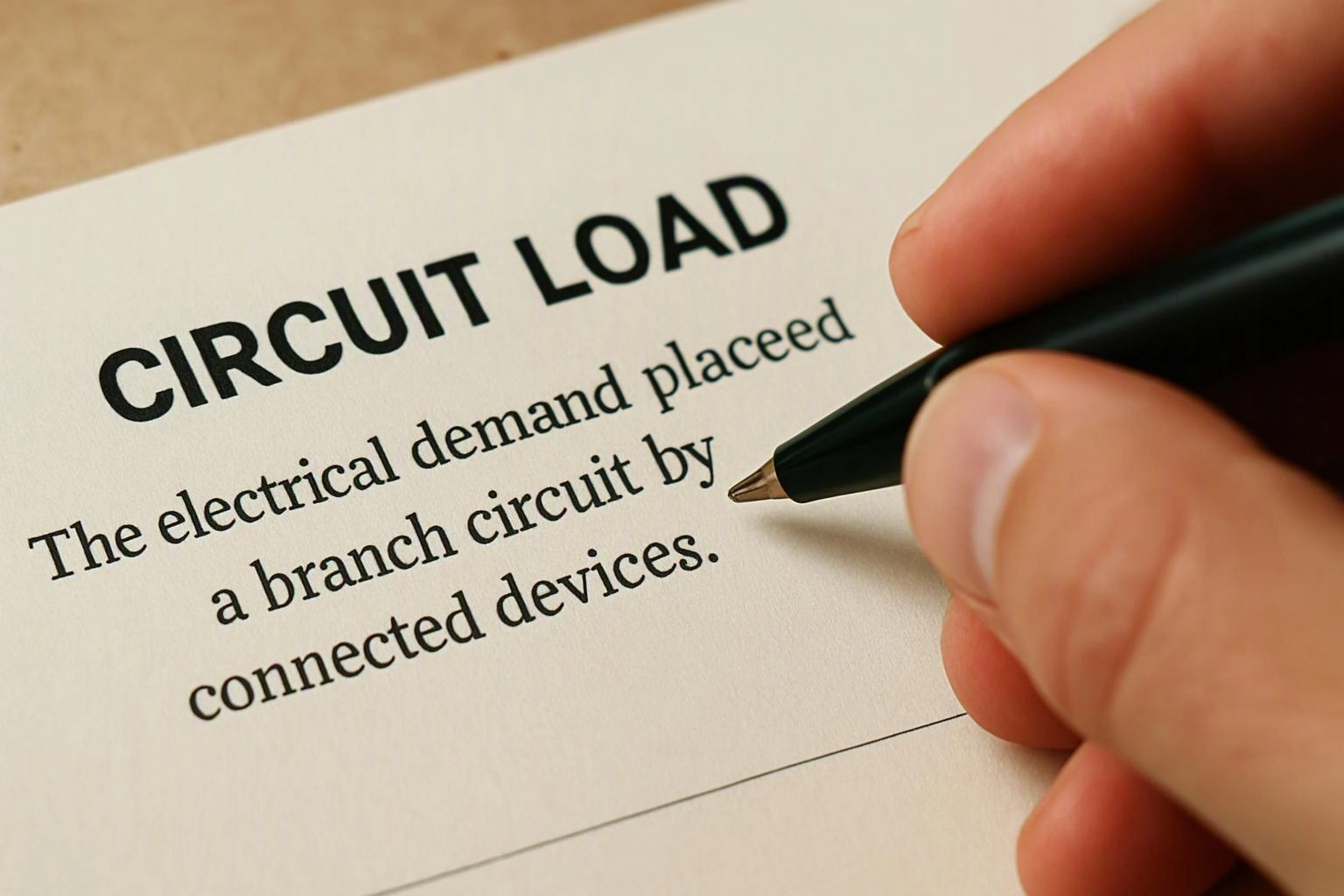 A hand holds a pen over a paper titled “CIRCUIT LOAD” with printed text below