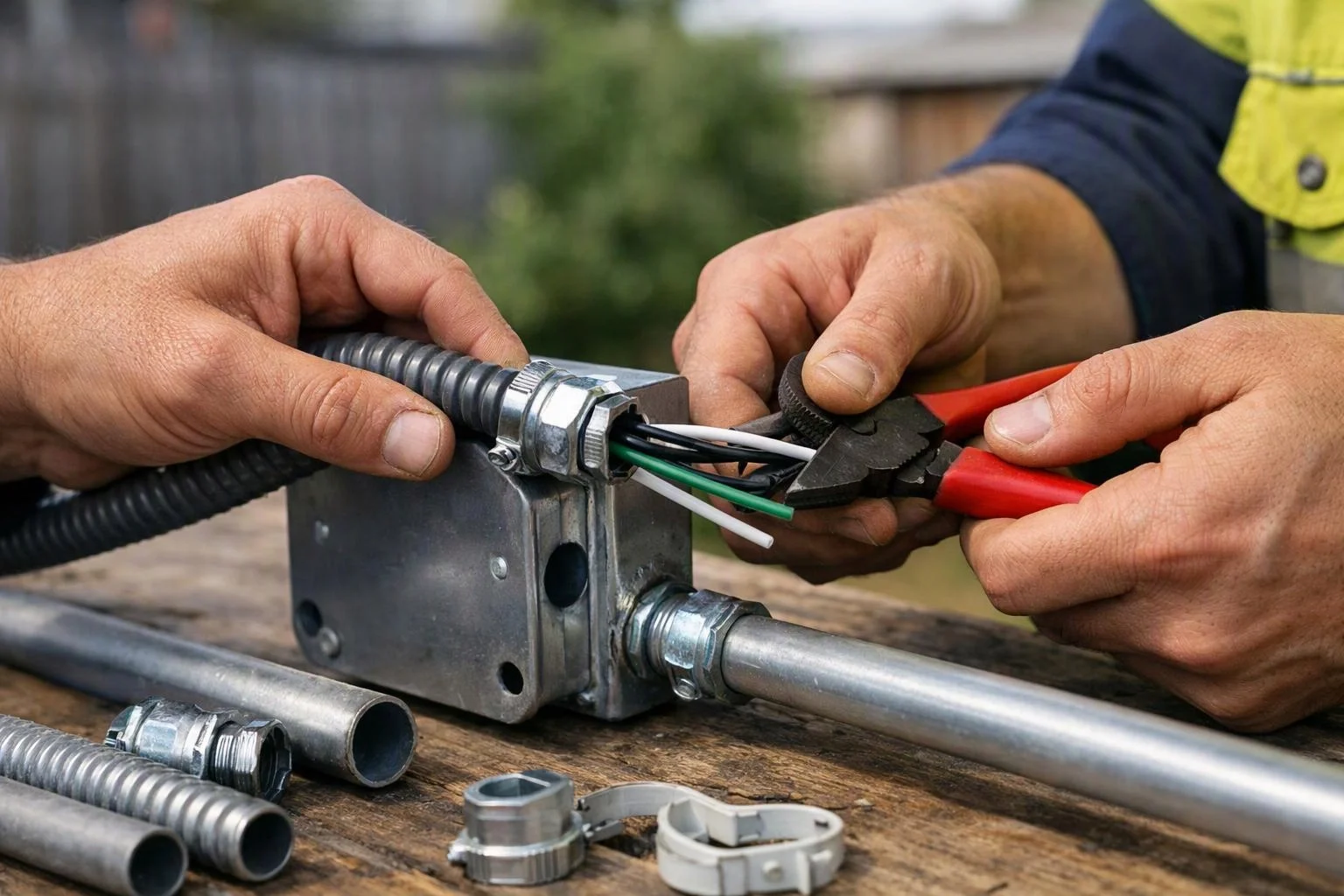Two hands use wire cutters to strip colored wires from a metal electrical box on a wooden workbench
